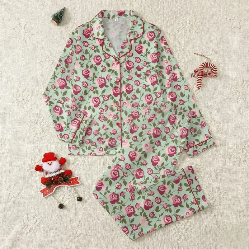 Women's Classic Illustrative Flat Art Pink & Crimson Rose Pattern with Olive Leaves on Mint Green Satin Pajamas Set - 1