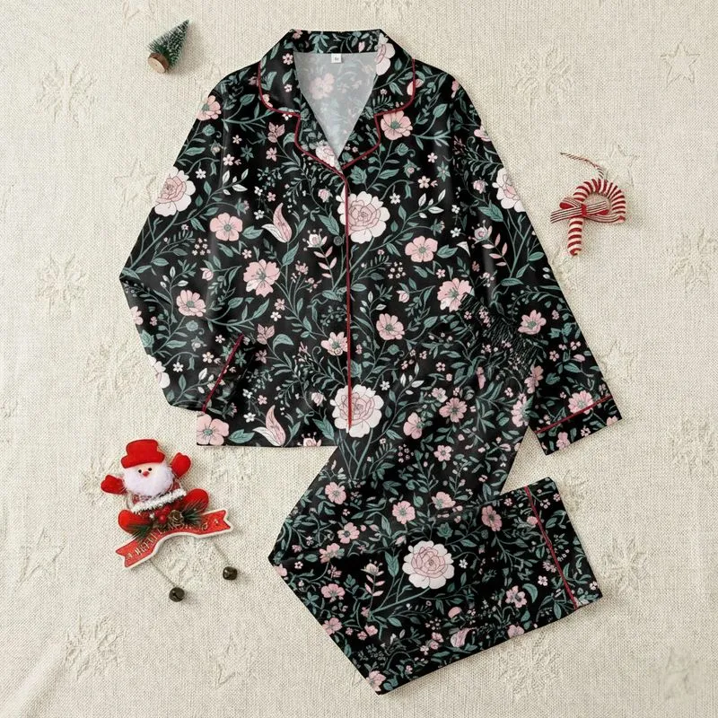 Women's Elegant Hand-Drawn Botanical Floral Pattern Black Background Blush Peach White Teal Satin Pajamas Set - 1