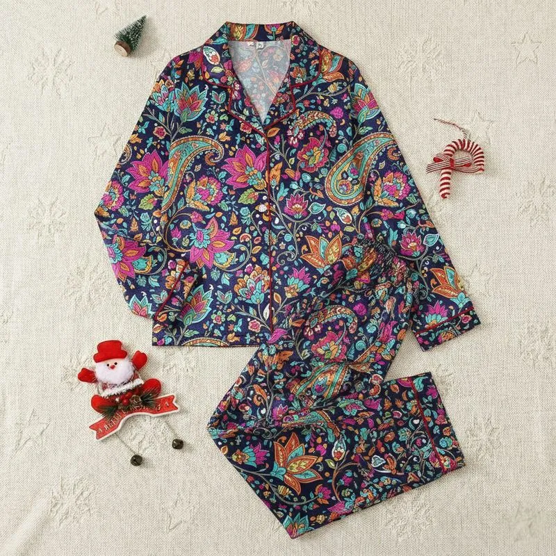 Women's Vibrant Jewel-Tone Indian Paisley Floral Scroll Pattern on Navy Satin Pajamas Set - 1