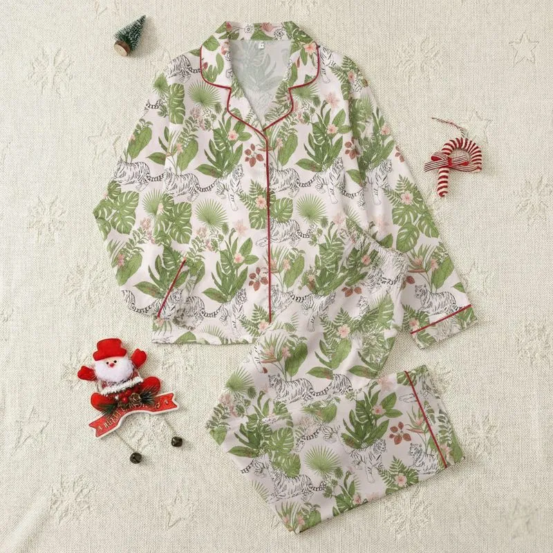 Women's Pastel Pink White Tiger Tropical Jungle Foliage Pink Peach Floral Pattern Satin Pajamas Set - 1