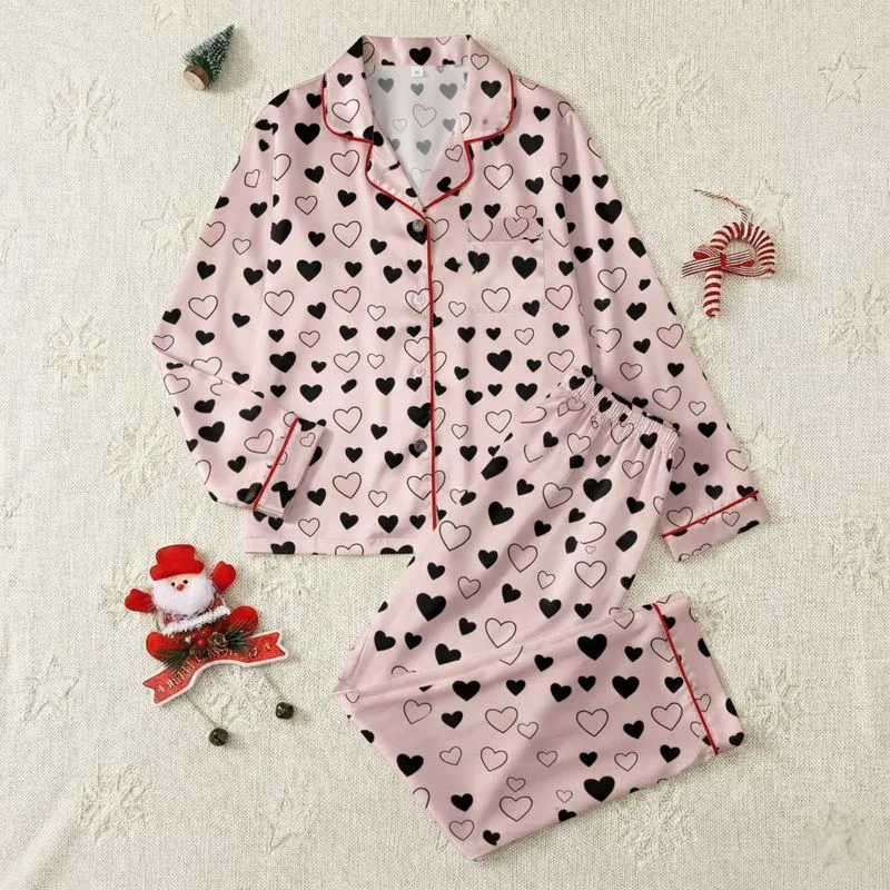 Women's Whimsical Light Blush Pink & Black Illustrative Hearts Seamless Pattern Satin Pajamas Set - 1