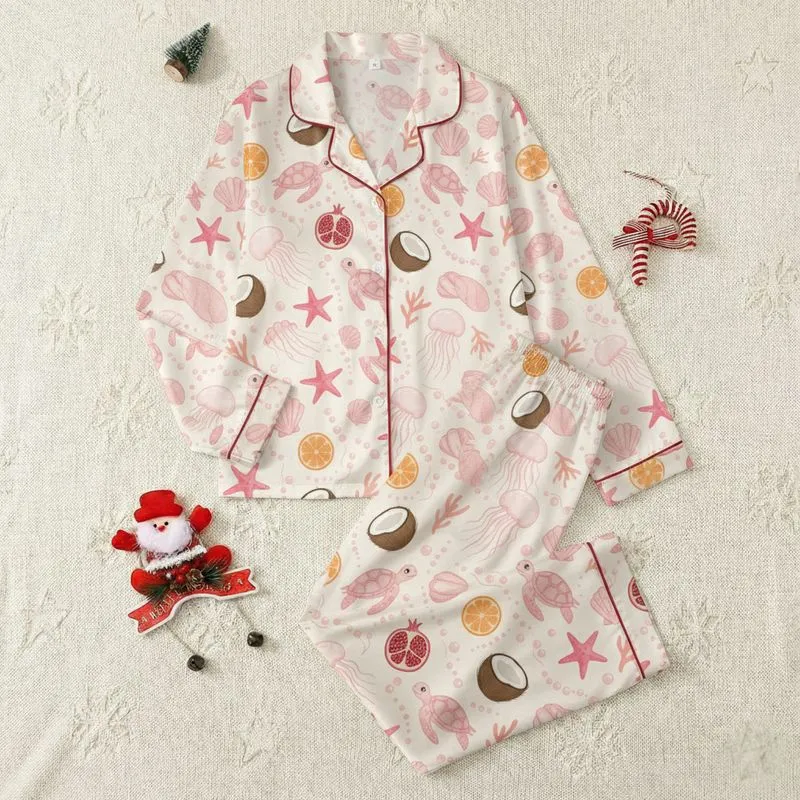 Women's Whimsical Pink Sea Turtle Starfish Tangerine Fruit & Coral Cream Pattern Satin Pajamas Set - 1