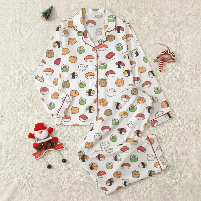 Cat Lovers' Whimsical Sushi Cat All-Over Pattern: Flat Color Salmon, Tuna, Maki & Ebi Design Satin Pajamas Set - 1