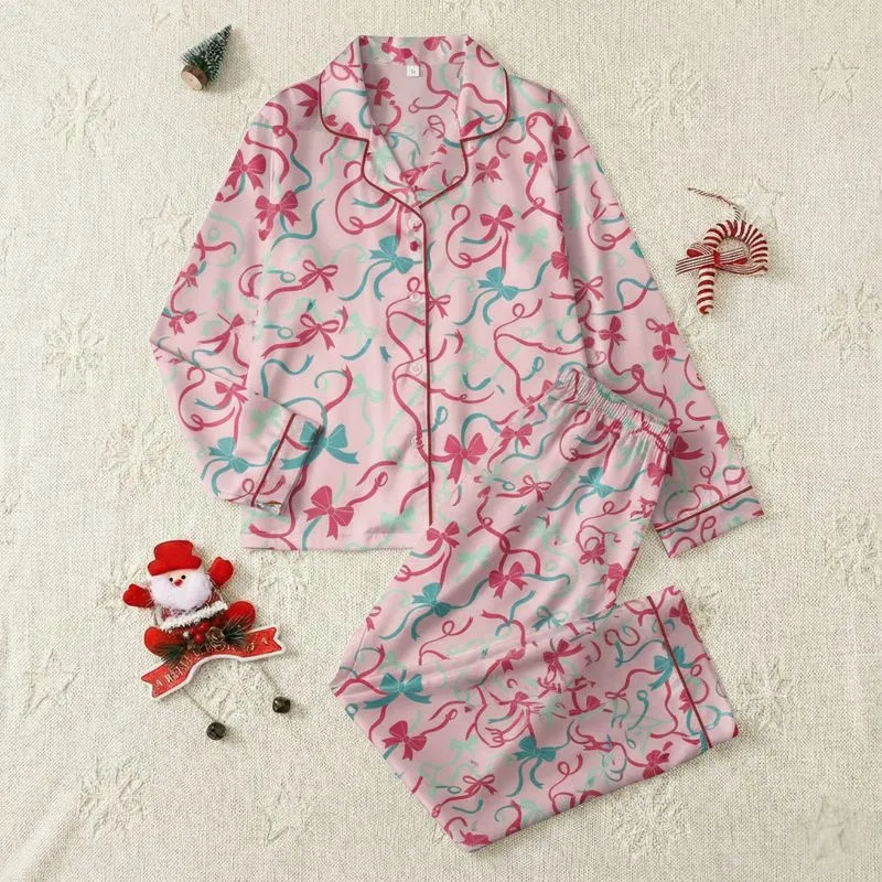 Women's Whimsical Scattered Bows & Ribbons Pattern in Vibrant Red Fuchsia Teal Mint on Pink Satin Pajamas Set - 1