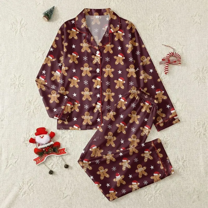 Charming Gingerbread Men Pattern: Santa Hat, Snowflake, & Candy Cane Holiday Motif Satin Pajamas Set - 1