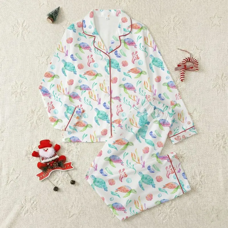 Women's Whimsical Watercolor Sea Turtle & Seashell Pattern in Aqua Teal Pink Lavender Satin Pajamas Set - 1