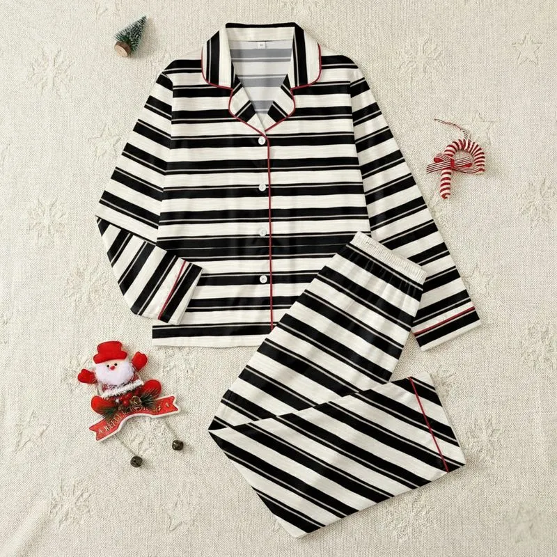Women's Creamy Off-White Black Taupe Minimalist Organic Ripple Stripe Pattern Satin Pajamas Set - 1