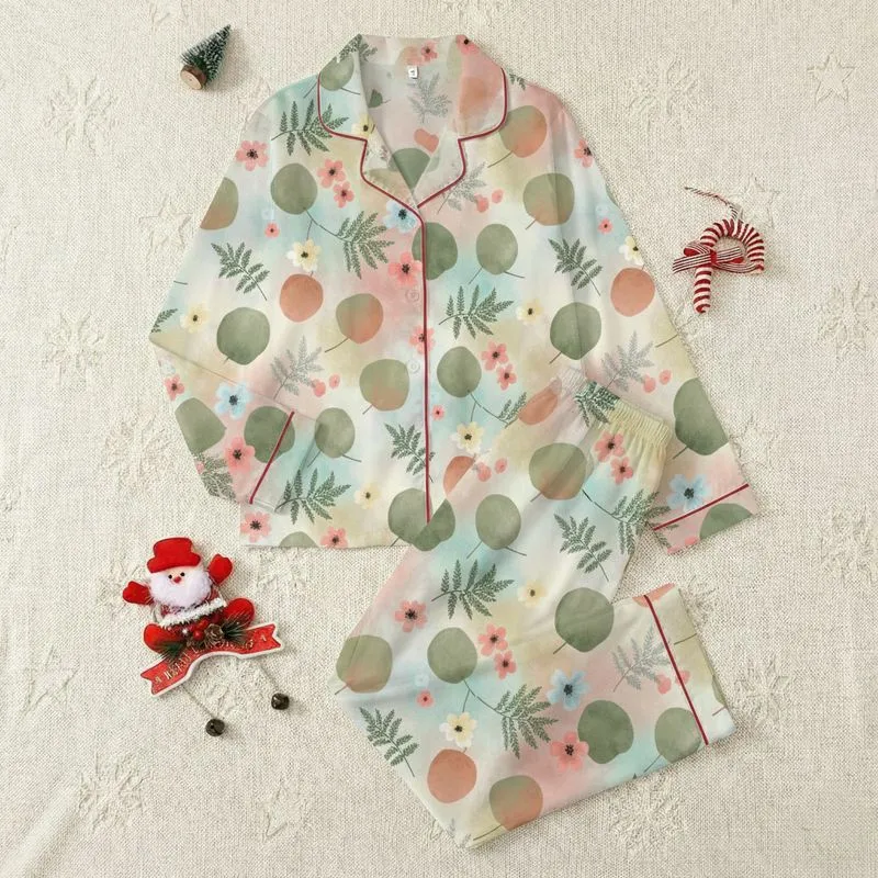Nature Lovers' Muted Sage Terracotta Pastel Pink Blue Watercolor Botanical Leaves & Floral Print Satin Pajamas Set - 1