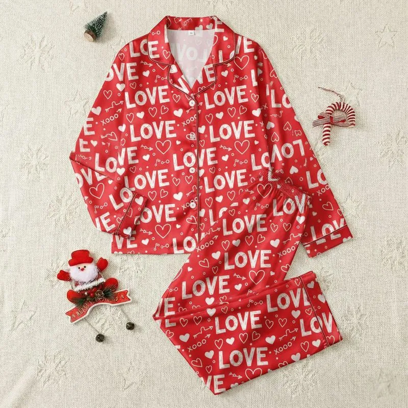 Women's Vibrant Red Love Text Hearts XOXO Arrows Dotted Pattern Satin Pajamas Set - 1