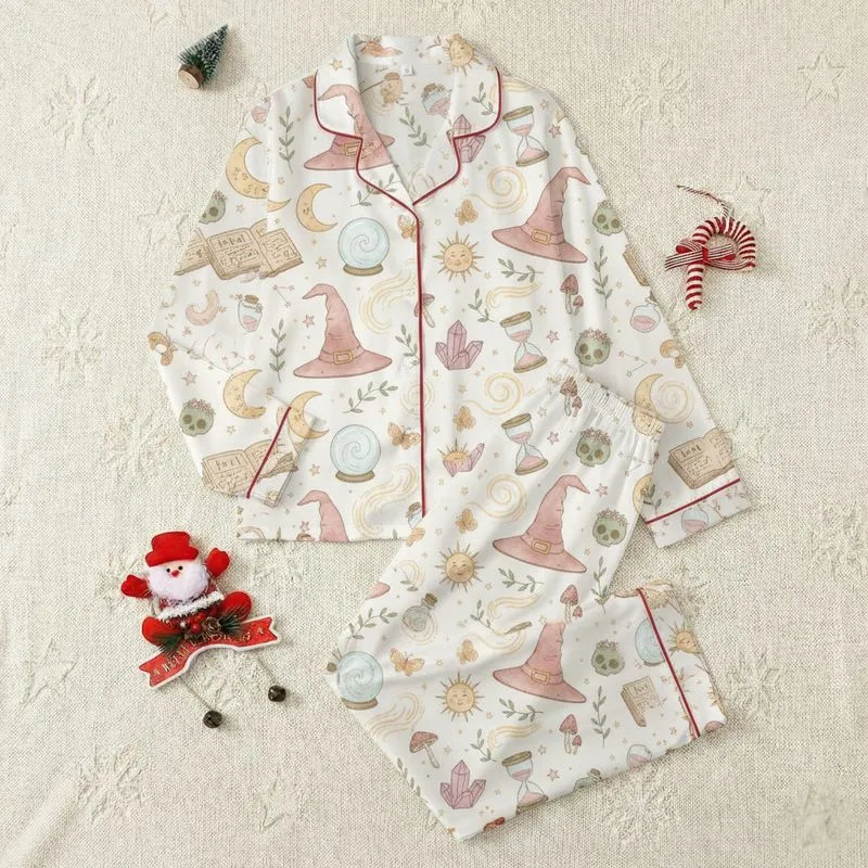 Whimsical Witchy Dreamer Magical Celestial Floral Pattern All-Over Loungewear Satin Pajamas Set - 1