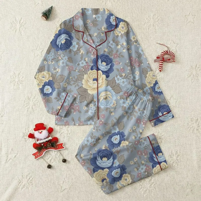Women's Elegant Traditional Floral Indigo Blue Creamy Yellow Roses Pastel Pink Blooms Muted Light Blue Pattern Satin Pajamas Set - 1