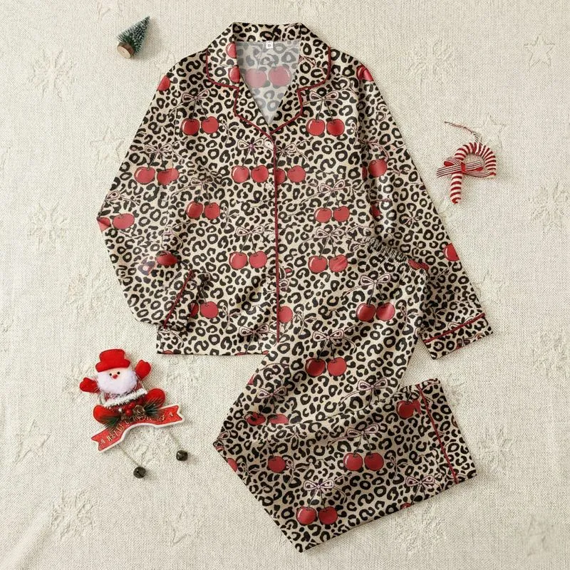 Women's Seamless Beige Black Leopard Spot Red Cherry Cluster Pink Ribbon Illustrative Pattern Satin Pajamas Set - 1