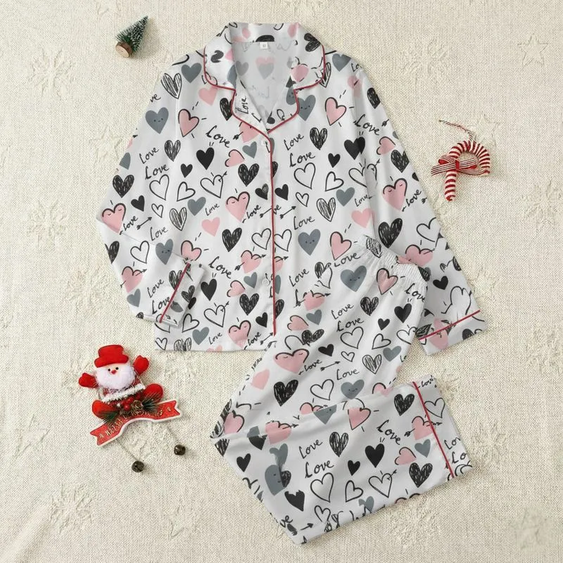 Affectionate Spirit's Doodle Love: Blush Pink & Gray Hand-Drawn Hearts & Text Textile Art Satin Pajamas Set - 1