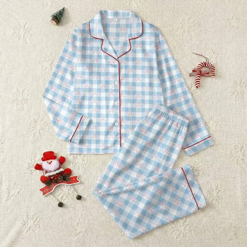 Women's Light Blue Gingham Sweet Pastel Pink Bow Scattered Pattern Satin Pajamas Set - 1