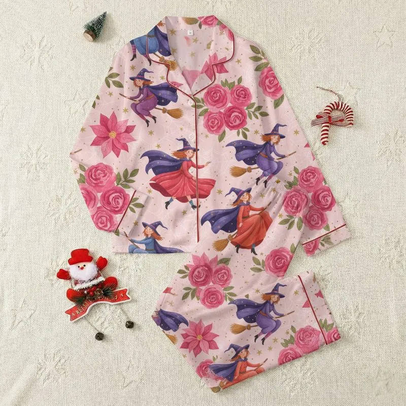 Adults' Whimsical Purple Witch & Fuchsia Rose Floral Gold Star Pink Pattern Satin Pajamas Set - 8CHQZI2O4B