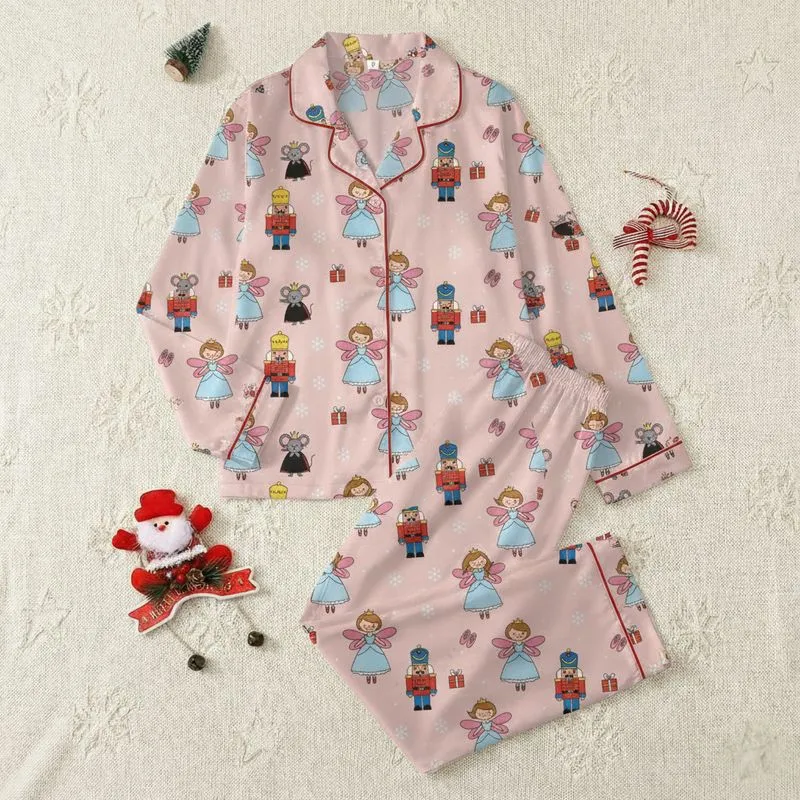 Whimsical Nutcracker Ballet: Clara, Sugar Plum Fairy, Mouse King, Slippers, Gift Boxes & Snowflakes on Pastel Pink Design Satin Pajamas Set - 1