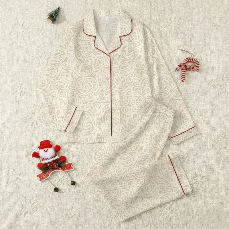 Women's Abstract Organic Swirl Heathered Knit Look Neutral Greige Beige Pattern Satin Pajamas Set - 1