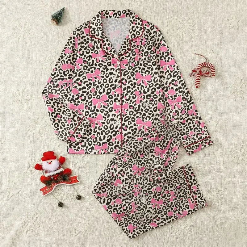 Women's Chic Beige Charcoal Leopard Print Bubblegum Pink Bow White Line Art Hearts Satin Pajamas Set - 1