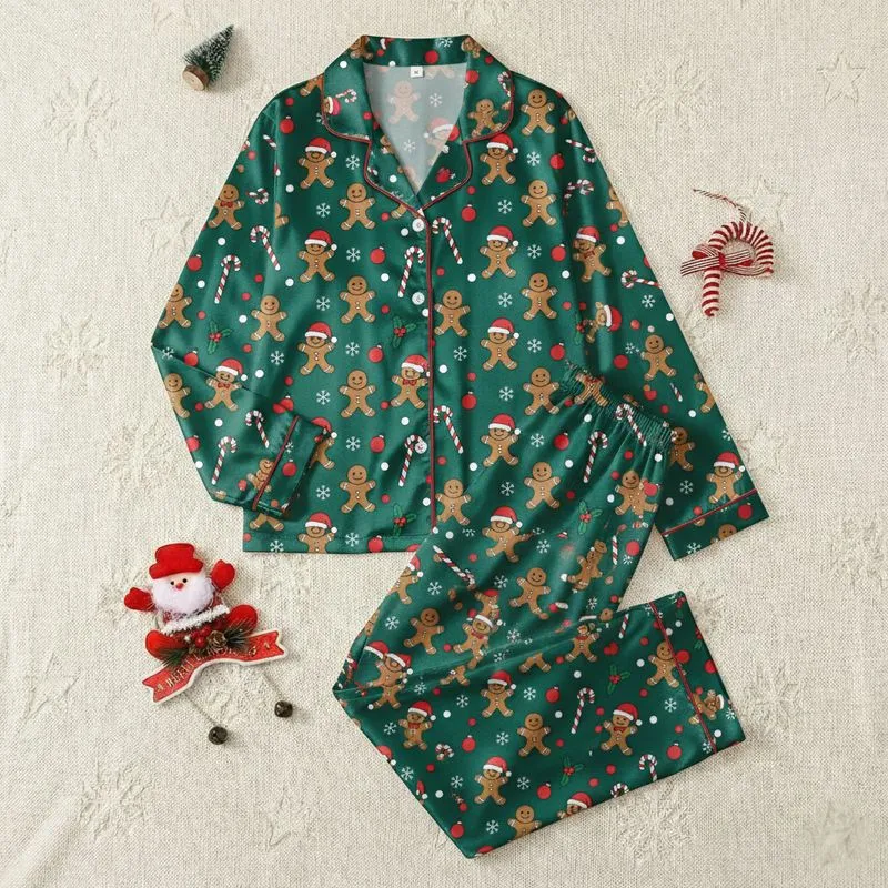 Festive Holiday: Gingerbread Men, Candy Canes, Holly & Snowflakes Emerald Wearable Satin Pajamas Set - 1