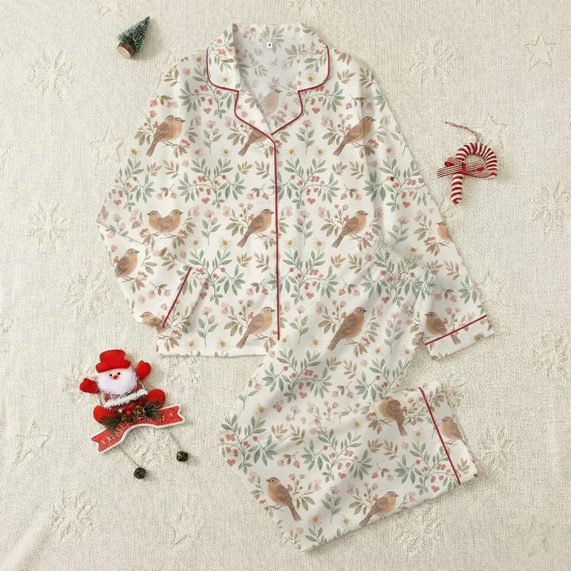 Rustic Vintage Cream Watercolor Songbirds, Sage Branches & Wildflowers Art Piece Satin Pajamas Set - 1