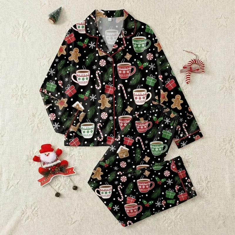 Women's Hand-Drawn Black Christmas Gingerbread, Hot Cocoa, Holly & Peppermint Pattern Satin Pajamas Set - 1