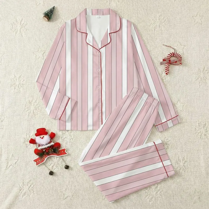 Women's Pastel Pink & White Vertical Stripe Minimalist Geometric Line Art Satin Pajamas Set - 1