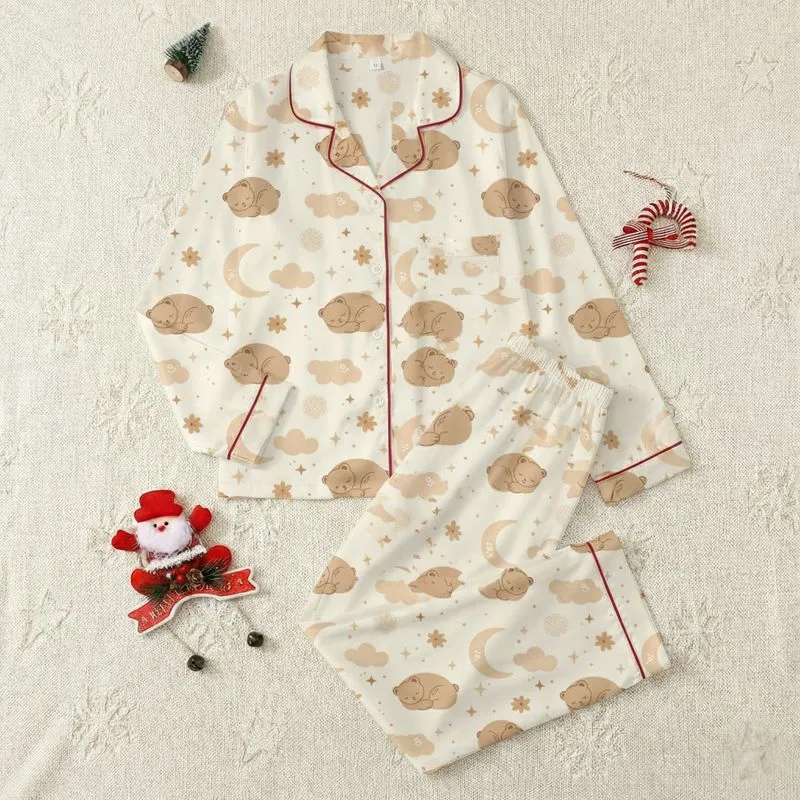 Women's Dreamy Hand-Drawn Teddy Bear Moon Cloud Star Floral Pattern in Soft Cream & Caramel Satin Pajamas Set - 1