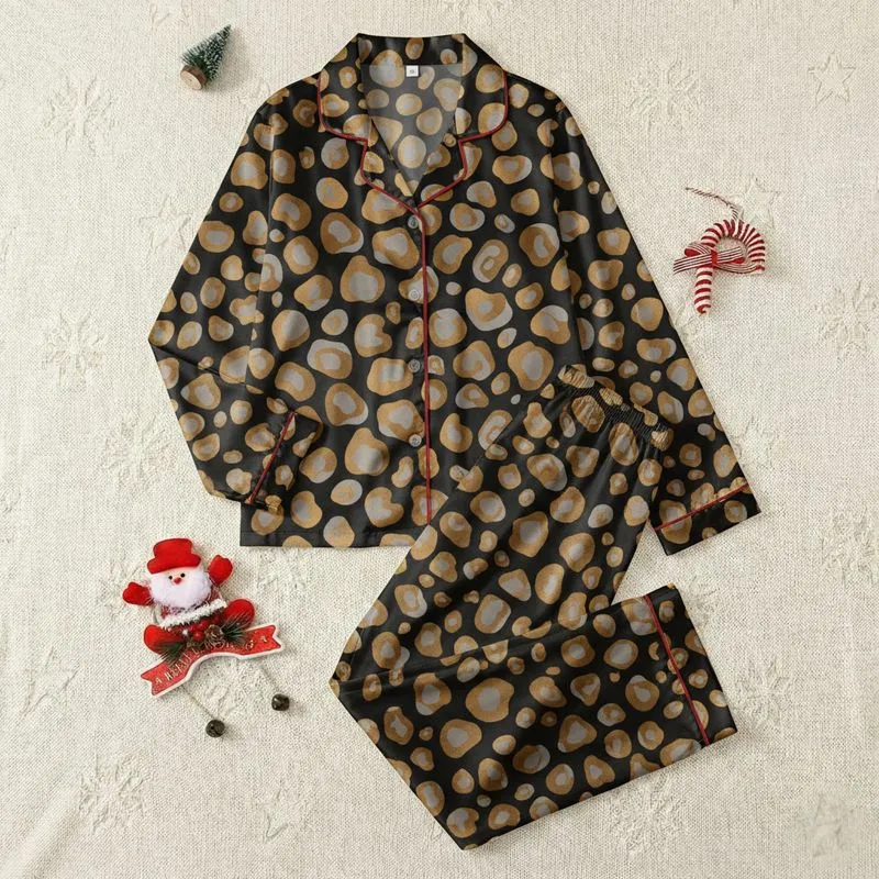 Women's Molten Bronze Taupe Abstract Organic Shapes Deep Charcoal Pattern Satin Pajamas Set - 1