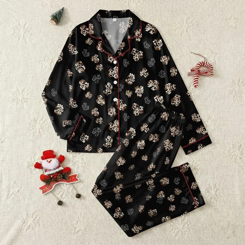 Women's Seamless Naturalistic Leopard Spot Rosettes in Dark Brown, Charcoal, Rose Accents on Deep Black Satin Pajamas Set - 1
