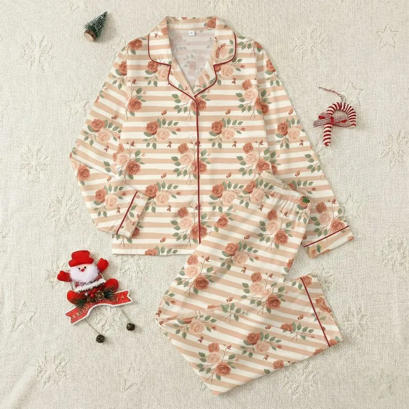 Women's Ivory Cream Striped Organic Pattern with Muted Peach Terracotta Roses & Sage Leaves Satin Pajamas Set - 1