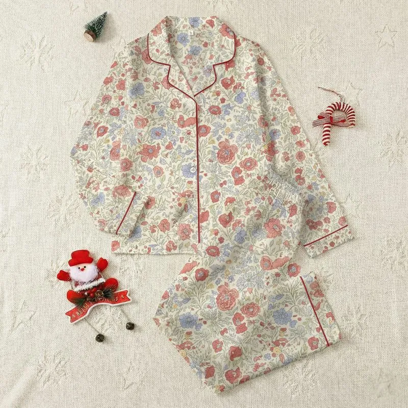 Women's Refined Vintage Floral Cream Muted Blue Dusty Rose Poppy Daisy Pattern Satin Pajamas Set - 1