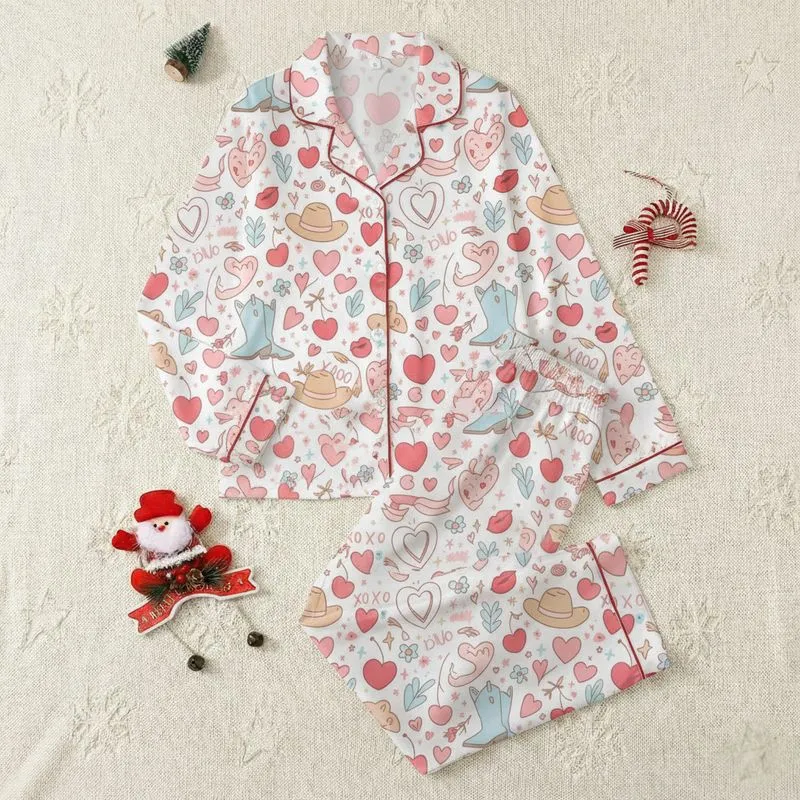 Women's Whimsical Retro Blush Pink Red Cherry Heart Cowboy Boot XOXO Pattern Satin Pajamas Set - 1
