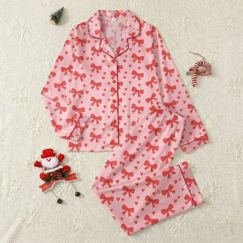 Women's Whimsical Bubblegum Pink Red Hand-Drawn Bows & Hearts Graphic Pattern Satin Pajamas Set - 1