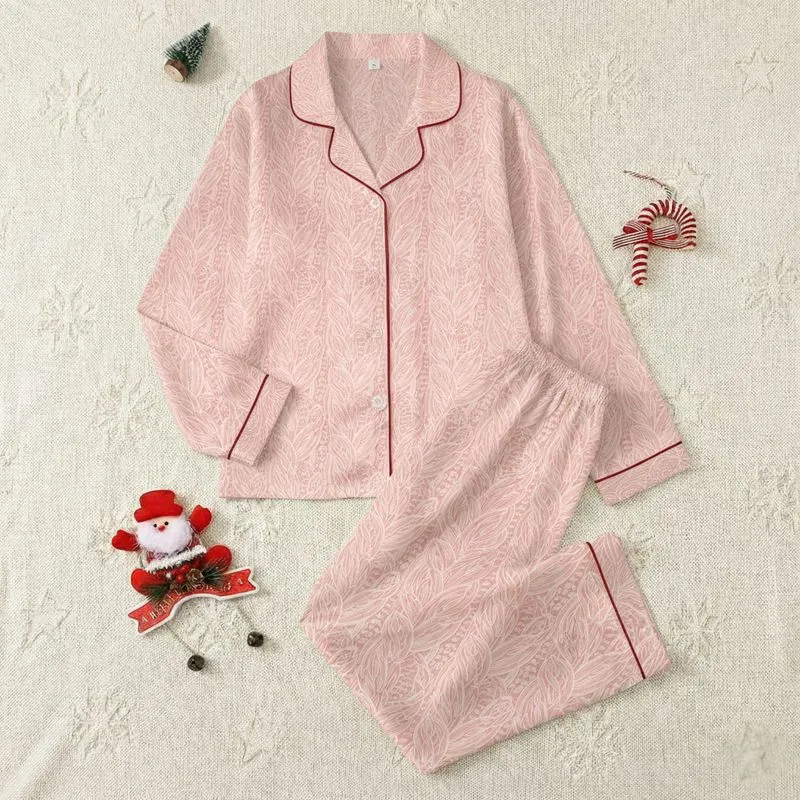 Cozy Knitwear Inspired: Rose Pink Cable & Braid with Off-White Details Wearable Design Satin Pajamas Set - 1