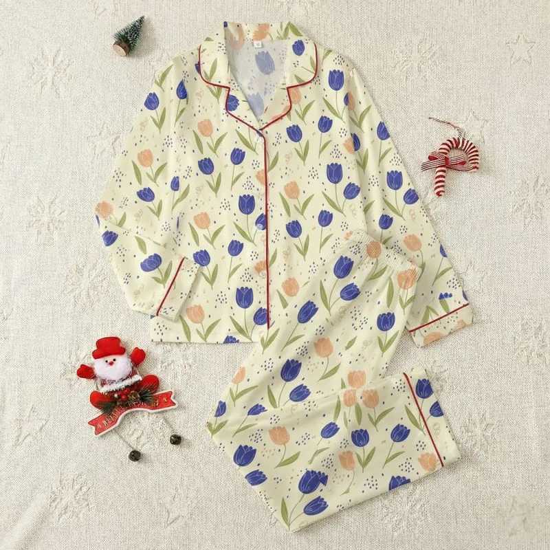 Women's Illustrative Hand-Drawn Tulip Floral Pattern, Blue-Violet & Peach-Orange on Creamy Yellow Satin Pajamas Set - 1