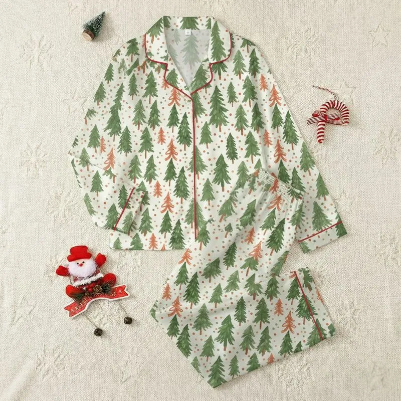 Women's Whimsical Christmas Forest Pattern, Hand-Drawn Evergreen Trees, Red-Orange Bows, Terracotta Dots, Creamy Off-White Satin Pajamas Set - 1