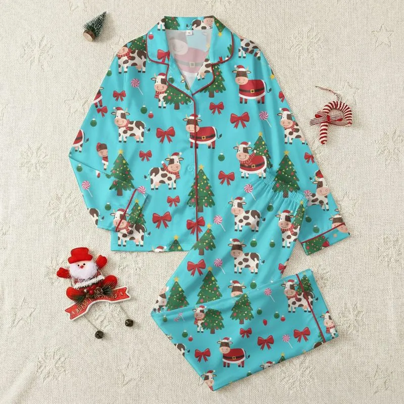 Women's Whimsical Christmas Cow, Lollipop & Tree Cyan & Red Festive Pattern Satin Pajamas Set - 1