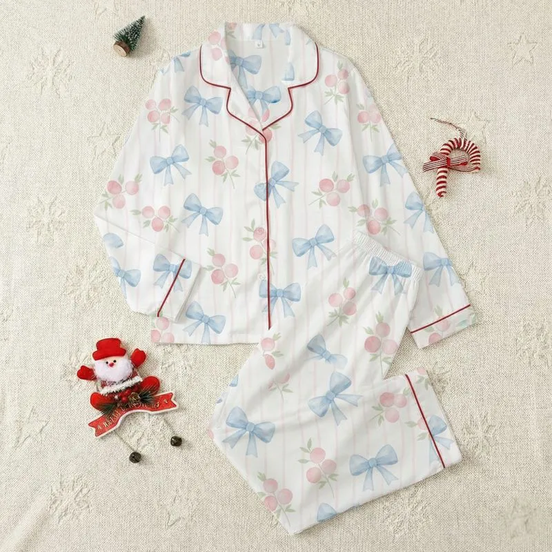 Ethereal Dreamer's Delicate Baby Blue Bows Pink Flowers Watercolor Relaxed Top Satin Pajamas Set - 1