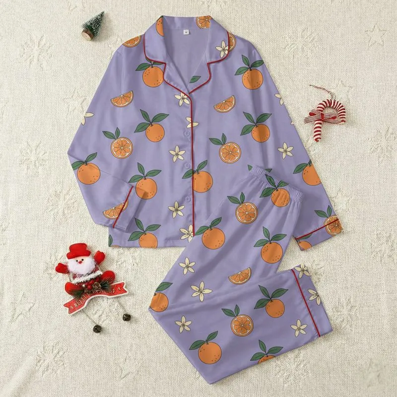 Women's Whimsical Bright Orange Citrus Blossom Motif on Soft Lavender Satin Pajamas Set - 1