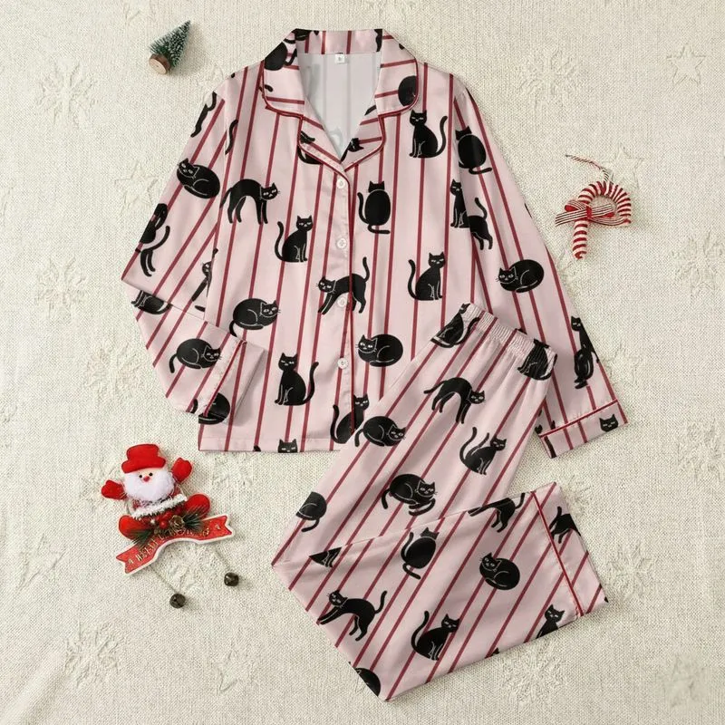 Women's Whimsical Pastel Pink Dark Red Stripe Solid Black Cartoon Cat Pattern Satin Pajamas Set - 1