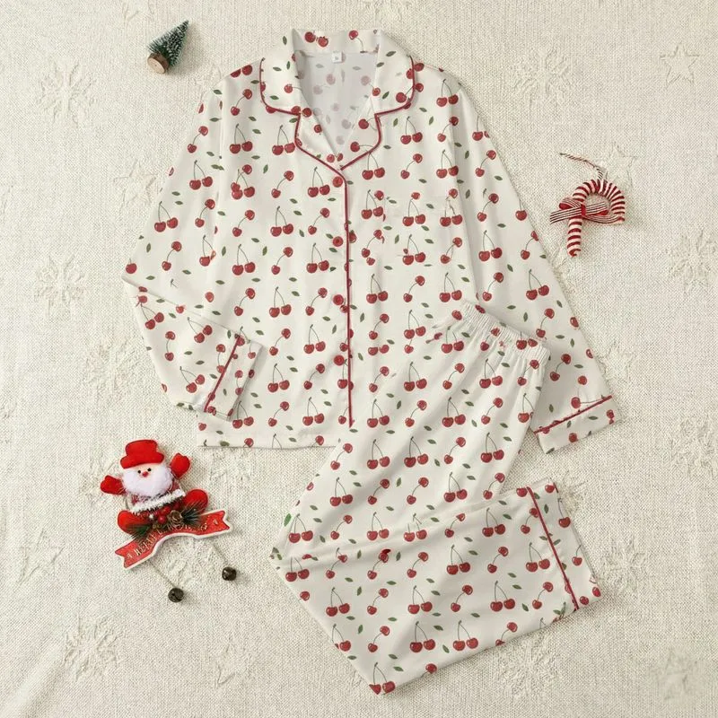Sweet Whimsical Cream Cherry Pattern: Hand-Drawn Ripe Red Fruit & Delicate Green Leaves Satin Pajamas Set - 1