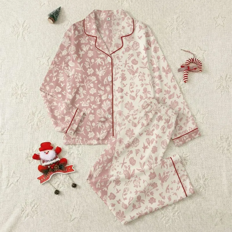 Women's Split Pink Off-White Vintage Floral Birds Botanical Motif Design Satin Pajamas Set - 1