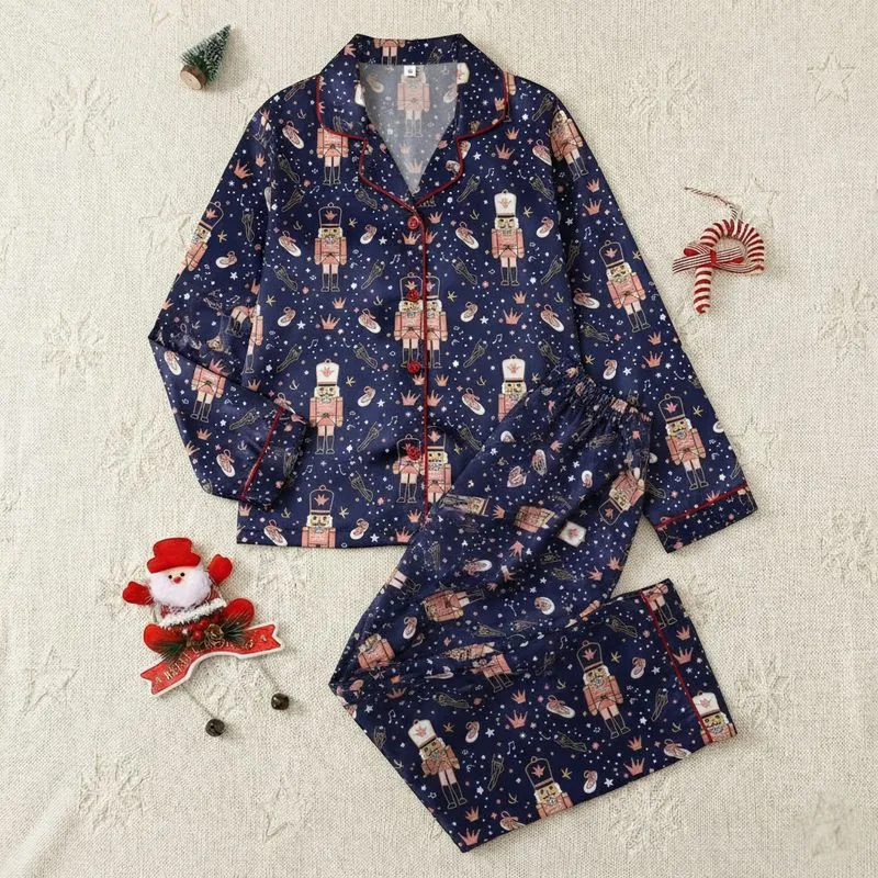 Dance Lover's Whimsical Nutcracker Ballet Shoe Crown Navy Rose Gold Tunic Satin Pajamas Set - 1