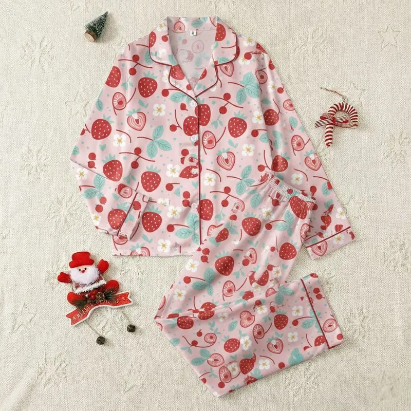 Women's Cheerful Pastel Pink Whimsical Red Strawberry, Teal Leaf & White Blossom Pattern Satin Pajamas Set - 1