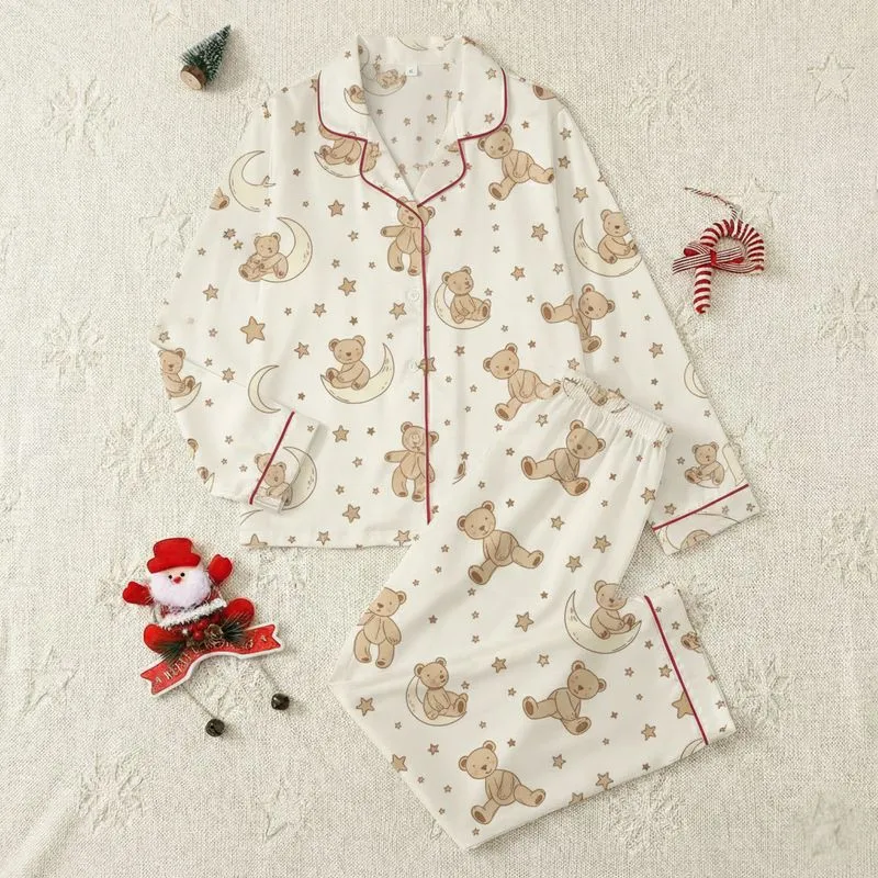 Whimsical Dreamer Cozy Sleep Set: Sleepy Teddy Bear & Celestial Moons Stars Pattern Satin Pajamas Set - 1