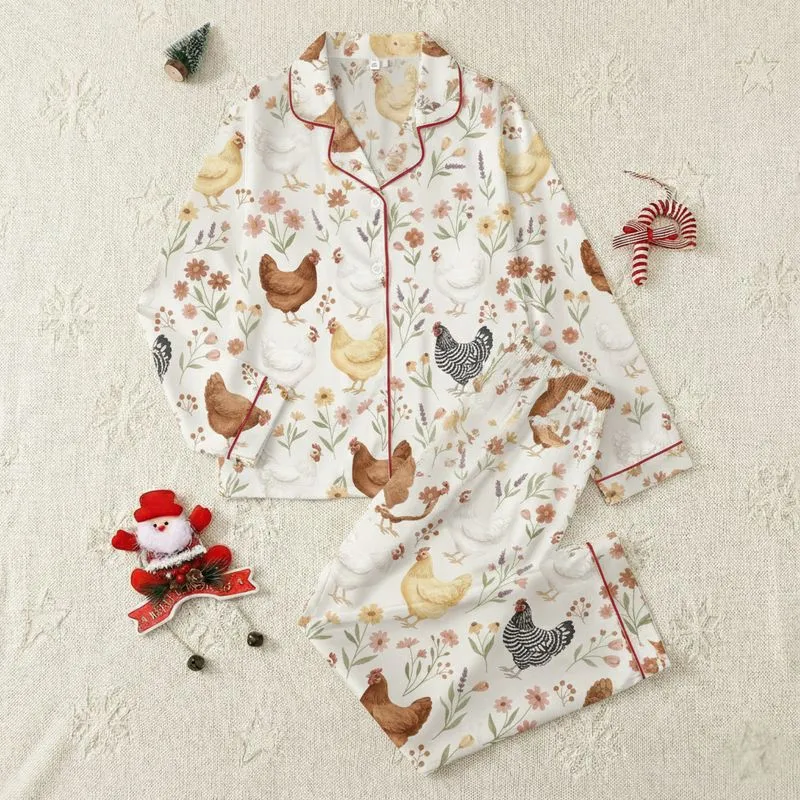 Farmhouse Style Watercolor Hens & Wildflowers: Brown, White, Gold, Peach Botanical Design Satin Pajamas Set - 1
