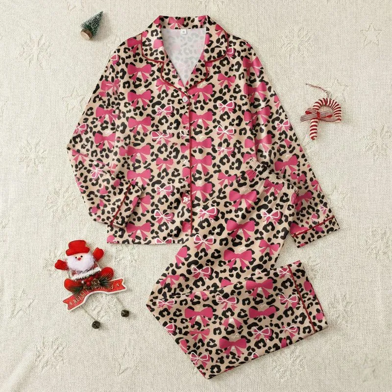 Women's Illustrative Sandy Beige Black Leopard Print with Hot Pink & White Ribbon Bows Satin Pajamas Set - 1