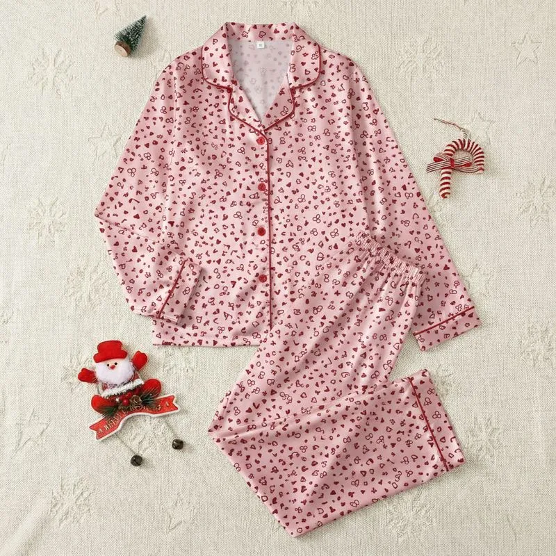 Women's Soft Pink Scattered Maroon Delicate Bow Heart Floral Pattern Satin Pajamas Set - 1