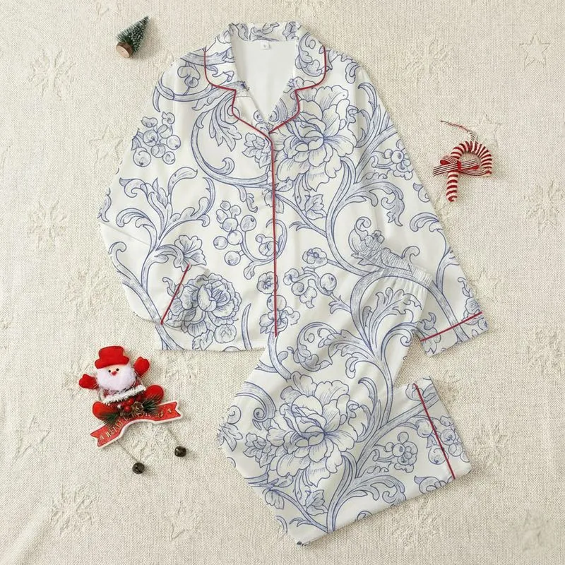 Women's Muted Indigo Blue & Cream Toile de Jouy Engraved Botanical Floral Pattern Satin Pajamas Set - 1