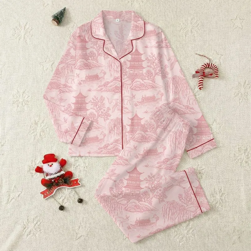 Dusty Rose & Soft Blush East Asian Toile Landscape: Pagodas, Deer, Cranes Wearable Motif Satin Pajamas Set - 1